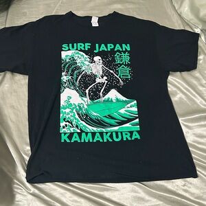 Fruit of the Loom Black Graphic Tee with Teal & White Surf Print